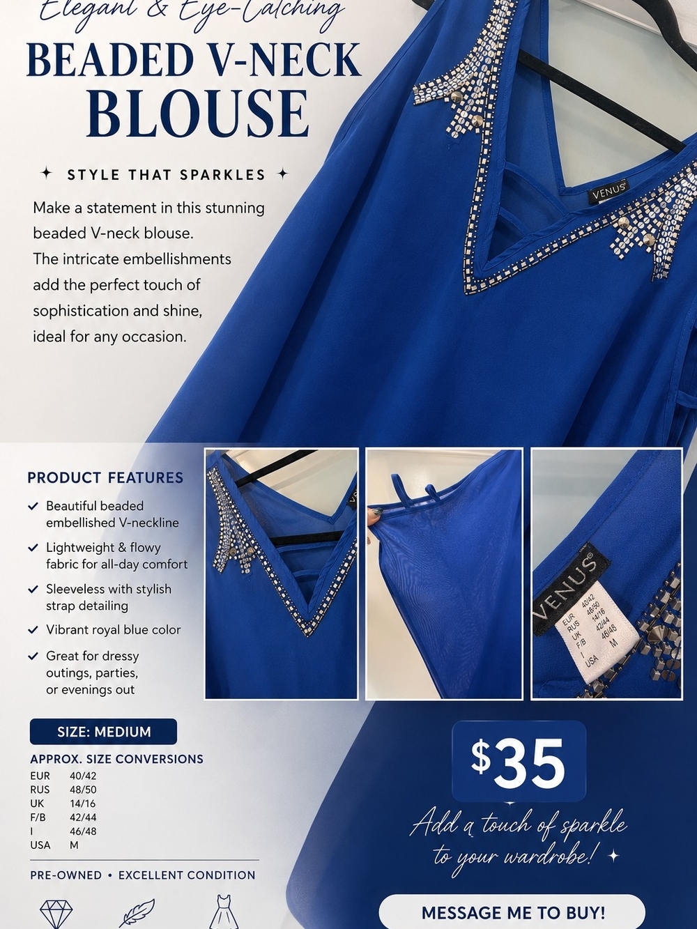 VENUS Beaded V-Neck Sleeveless Blouse - Royal Blue